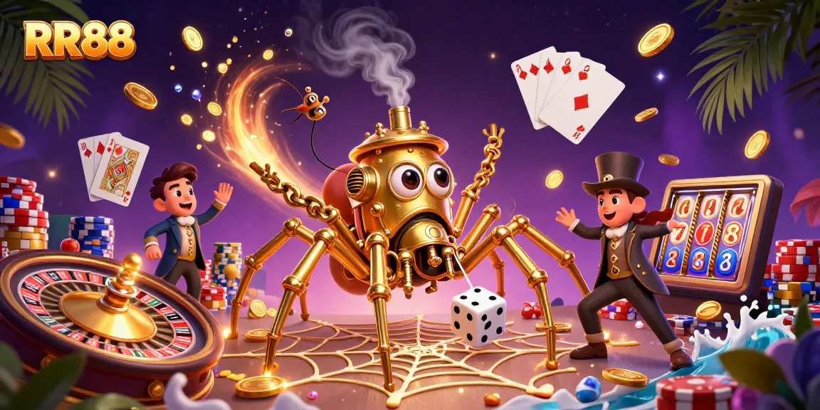 Experience the excitement of RR88 with a steampunk-inspired spider and casino elements in a vibrant scene.