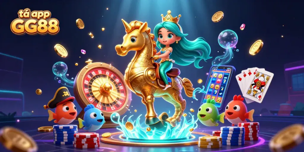 Tải app GG88 for an immersive casino experience with colorful characters and vibrant game elements.