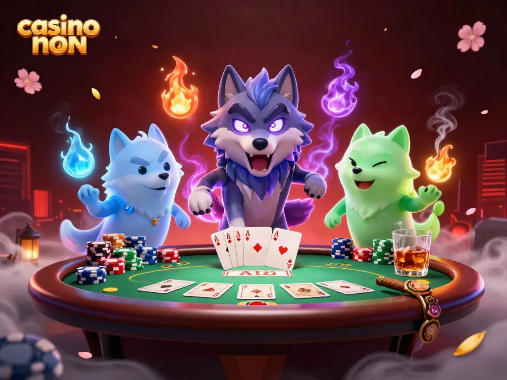 Gioca ai casinò non ADM con una scena vivace di un lupo e carte da poker.