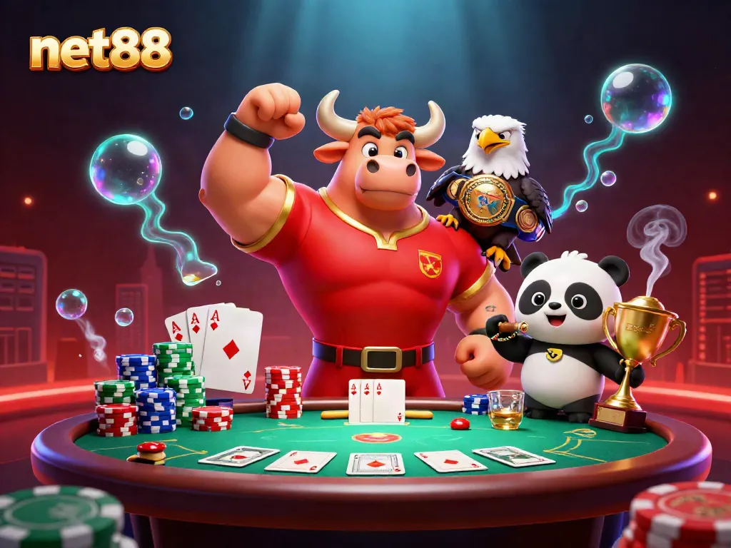 Bet big with net88 while celebrating wins surrounded by poker elements and victory mascots.