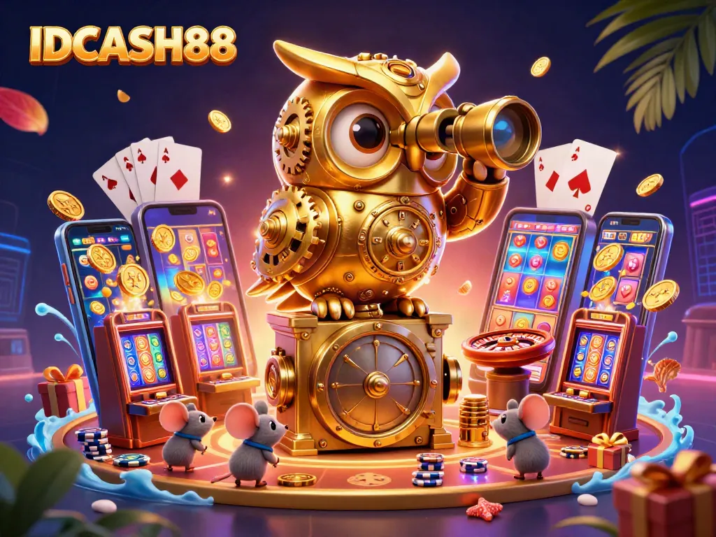 Experience thrilling gameplay with IDCASH88, vibrant casino scene filled with games and characters.