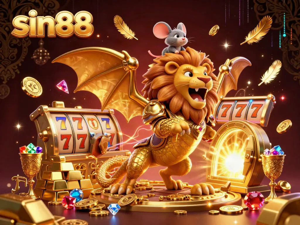 Experience thrilling gameplay at sin88 with roaring chimera and dazzling treasures in this vibrant casino illustration.