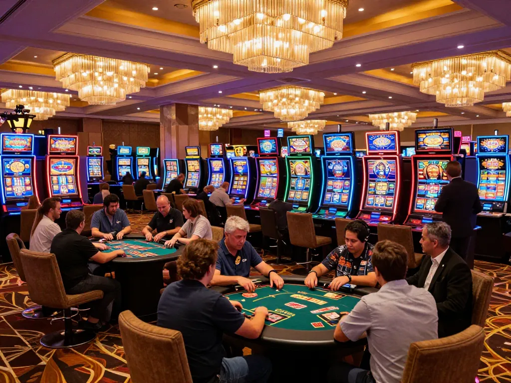 sunwin players engaged in strategic gameplay at a modern casino with vibrant slot machines and ambient lighting