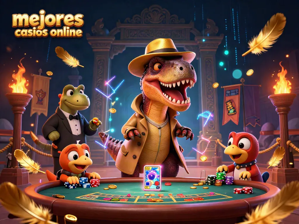 Representación de los mejores casinos online de España con un velociraptor jugando al blackjack.