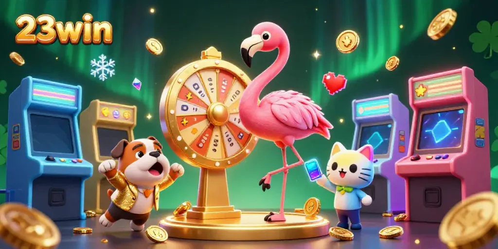 Engaging scene featuring 23win's lively casino atmosphere with vibrant game elements and animated characters.