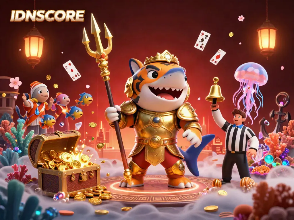 Engage in thrilling sports betting action with IDNSCORE, where a golden gladiator shark commands the underwater arena.
