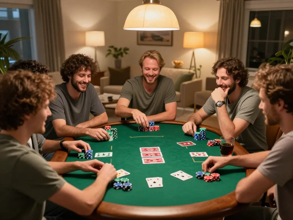Exciting home poker night showcasing best online casinos in Canada with friends playing cards.
