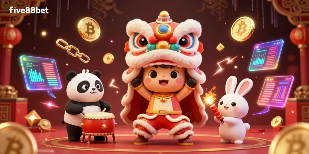 Experience the vibrant world of online gambling with five88bet in this festive 3D scene filled with lucky symbols and exciting elements.