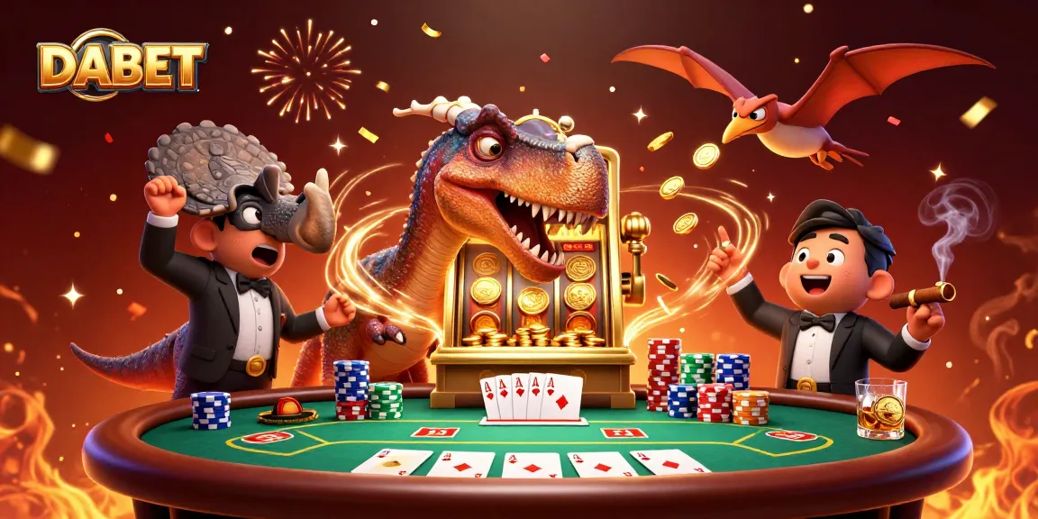 DABET prompts excitement as a dinosaur breaches a slot machine, capturing jackpots and casino magic.