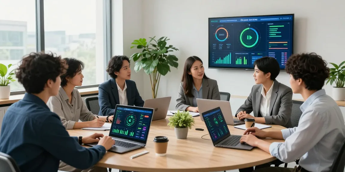 Team strategizing multi site business energy management in a modern office with digital dashboards.
