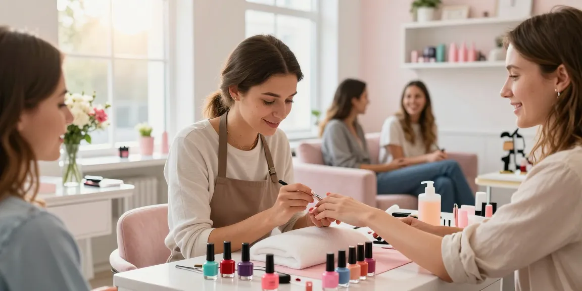 Client receiving a manicure at Paradise Nail Beauty salon, showcasing vibrant nail colors and a hygienic environment.
