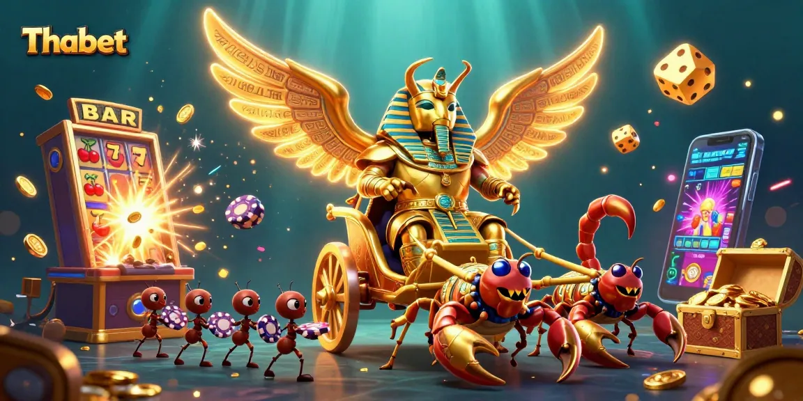 Thabet players enjoy thrilling casino action with golden beetles and jackpot symbols in a vibrant 3D scene.