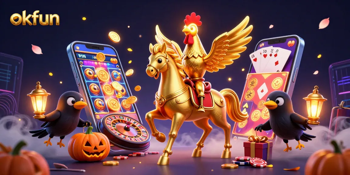 Engage with thrilling games at okfun, featuring a vibrant casino scene filled with golden coins and dynamic game elements