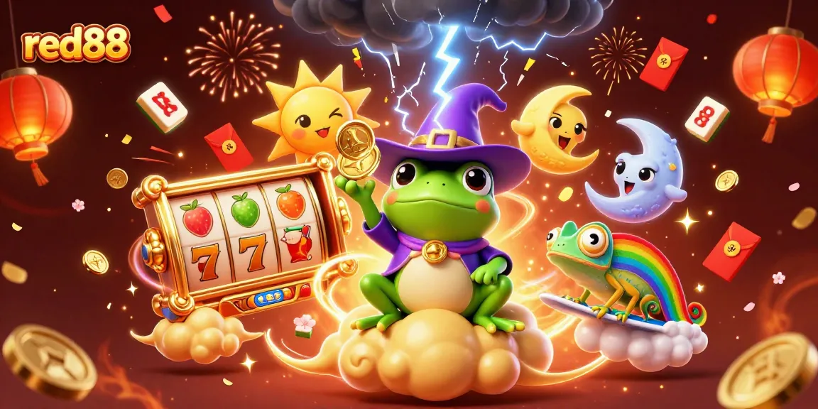 Engage with red88's exciting slot game thrills amidst golden coins and festive characters.