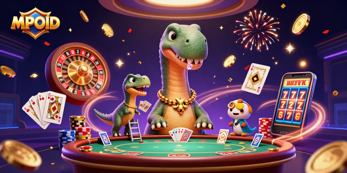 MPOID engages players with a lively casino scene featuring an enormous brontosaurus and vibrant game elements for immersive gameplay.