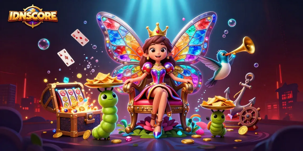 IDNSCORE attracts players with vibrant gaming elements, showcasing a butterfly queen, chips, and treasure.