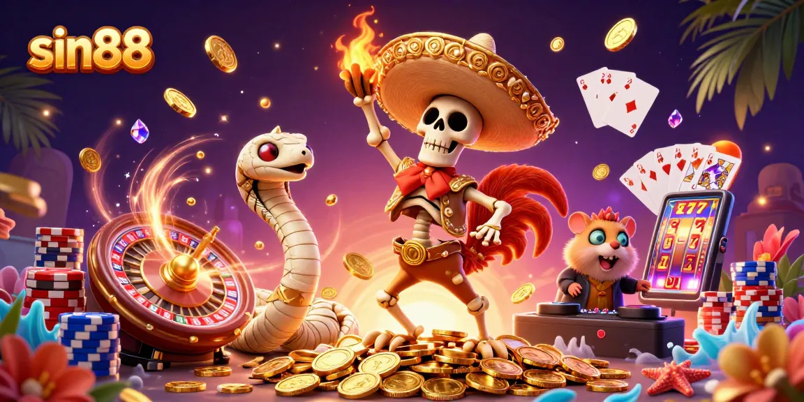 Engage with sin88 gaming through a vibrant 3D illustration showcasing fun casino elements and characters.
