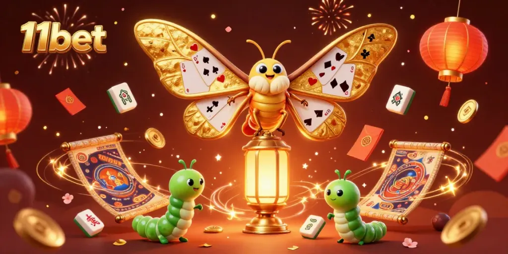 Experience thrilling casino fun with the vibrant 11bet illustration featuring a magical moth and festive game elements.