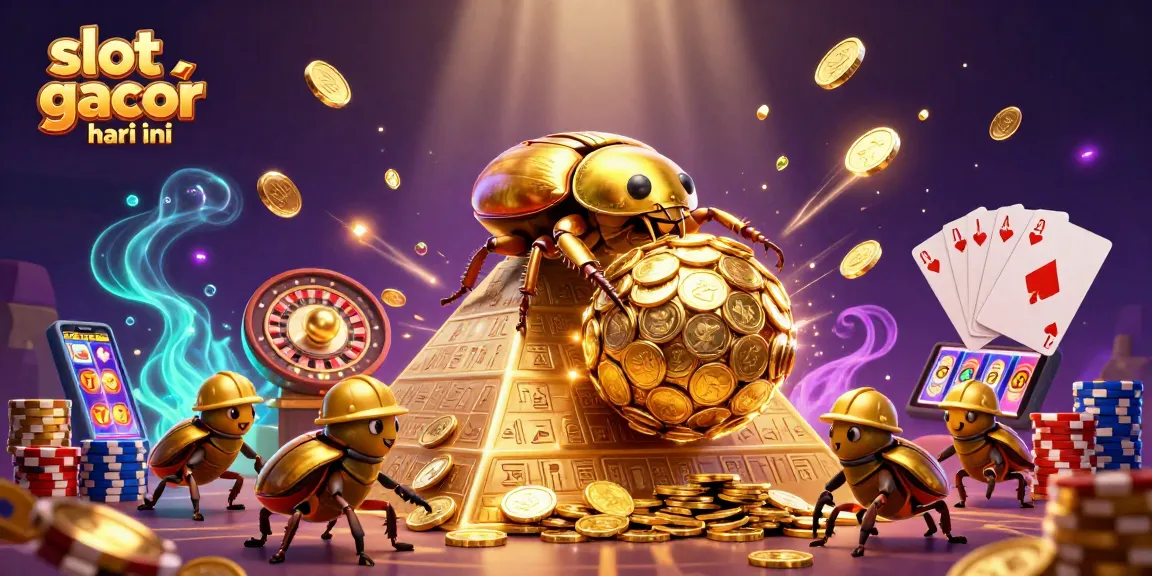 Experience slot gacor hari ini with golden coins cascading from beetles in this vibrant casino scene.