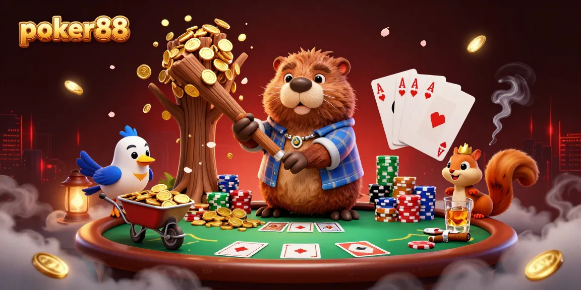Engaging poker88 scene with vibrant characters and casino elements showcasing golden coins raining down.