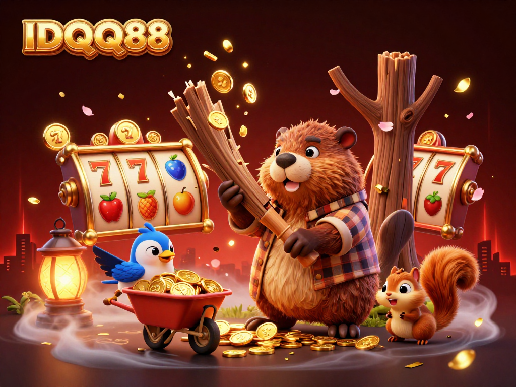 IDQQ88 showcases a vibrant casino scene with cartoon characters collecting golden coins and slot elements