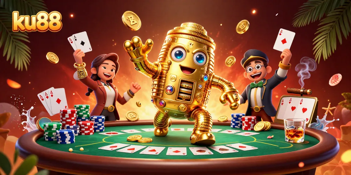 Engage with ku88's vibrant casino scene featuring a golden golem and poker elements.