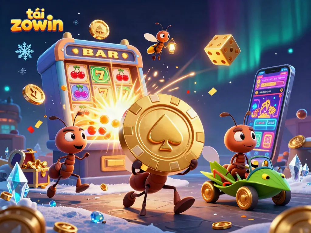 Engage with the exciting tải zowin game by joining the animated heist scene with cartoon ants and casino-themed elements.