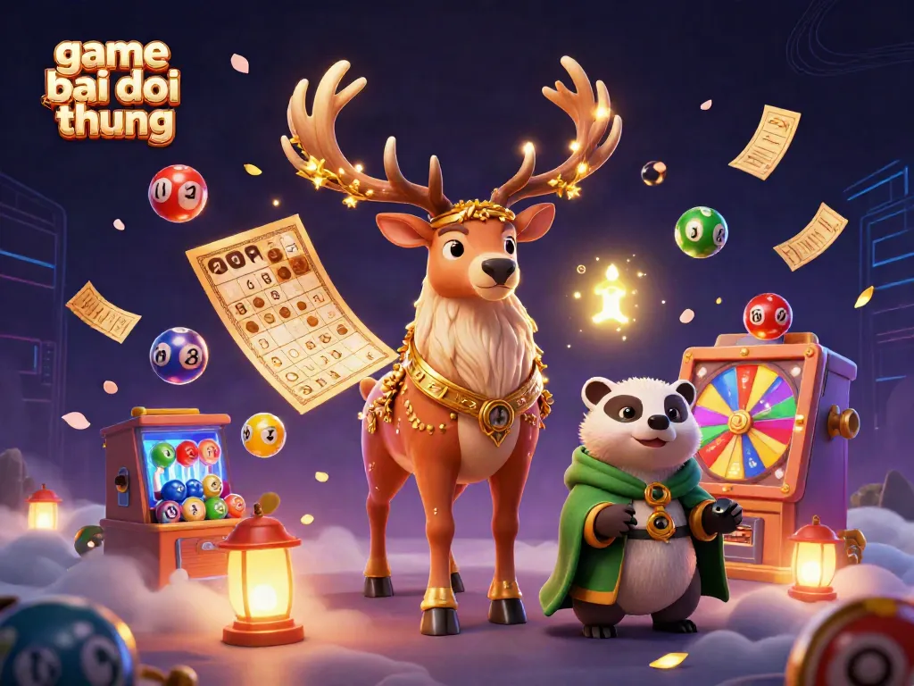 Experience thrilling game bai doi thuong with a vibrant 3D casino-themed illustration featuring a magical stag and badger.