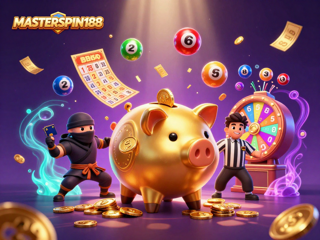 Play and win at MASTERSPIN188 with a vibrant casino-themed illustration showcasing dynamic gaming elements.