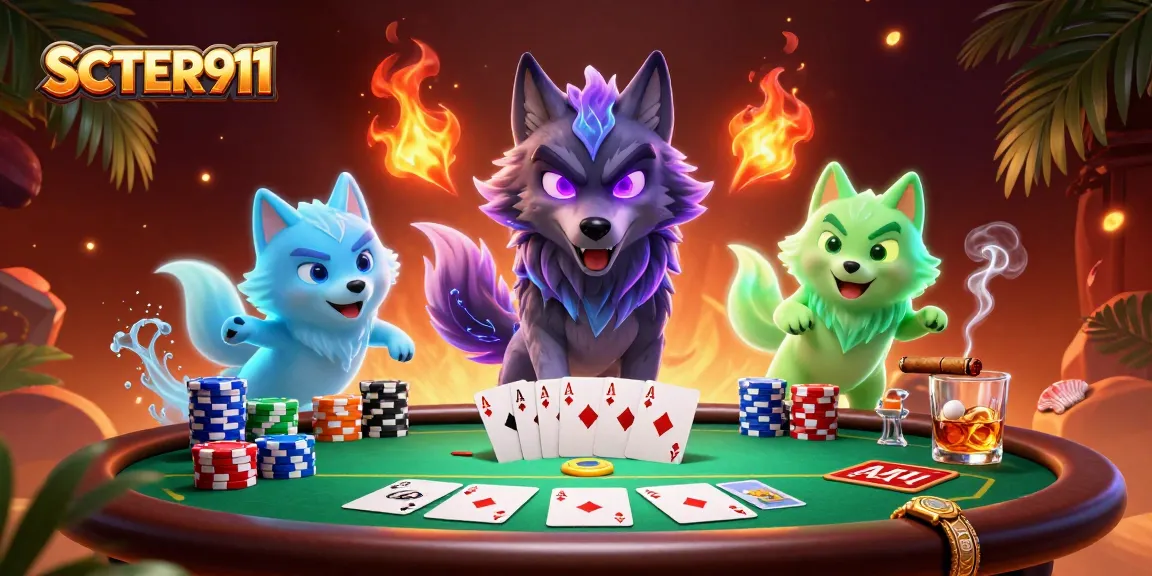 Engage with SCATTER911's thrilling poker scene featuring a mystical wolf pack and vibrant casino elements.