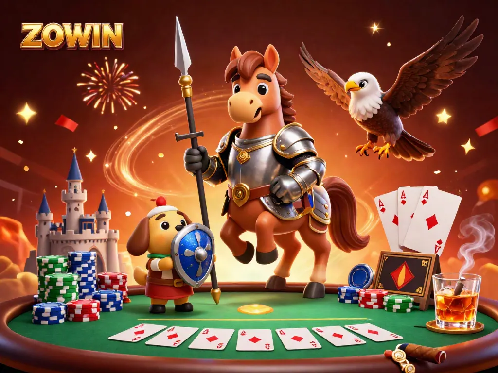 ZOWIN features knights and fantasy elements around a poker table, perfect for an online casino theme.