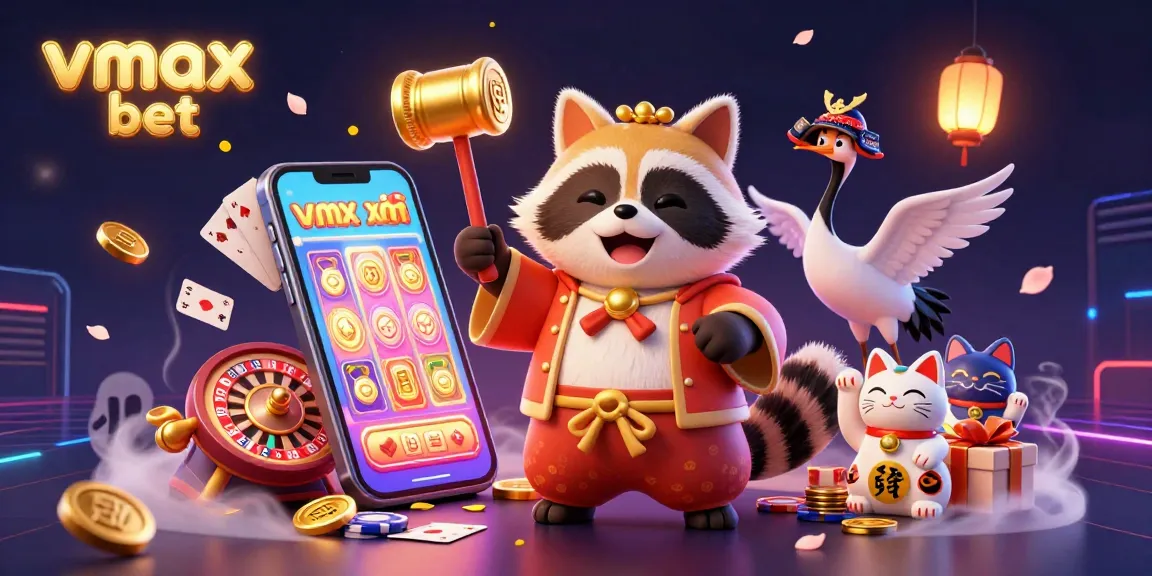 Experience the excitement of vmax bet with vibrant 3D characters and casino elements in a dynamic gaming illustration.