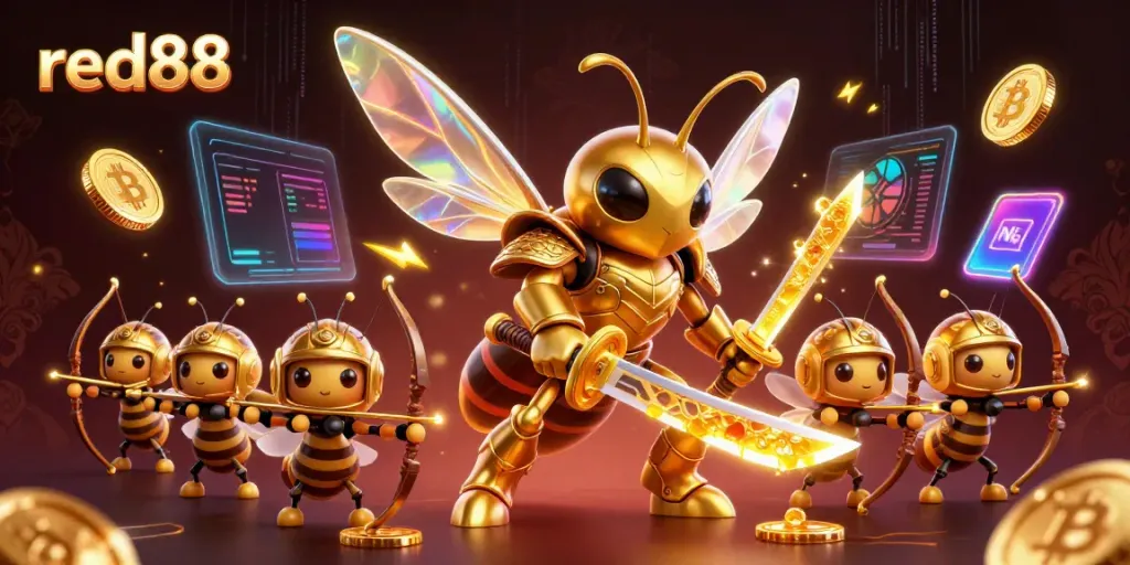 Experience thrilling gameplay at red88 with a dynamic 3D casino scene featuring vibrant characters and digital currency.