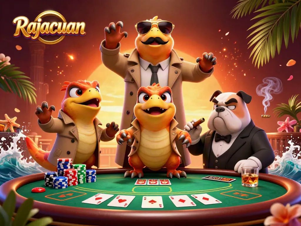 Rajacuan's three raptors in a trench coat entering VIP casino, surrounded by poker elements.