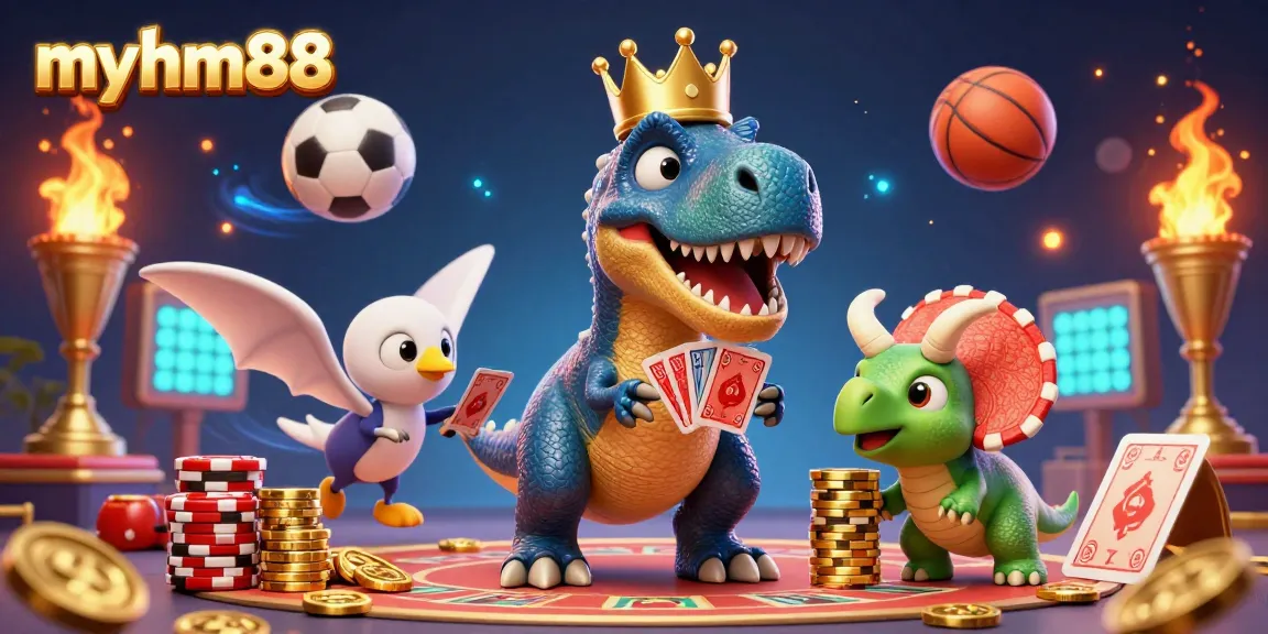 Experience thrilling gaming at myhm88 with a friendly T-Rex, sports elements and vibrant casino visuals.