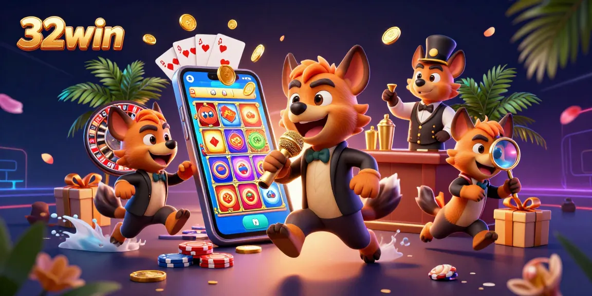 Engage in 32win's exciting sports betting scene with dynamic casino elements and vibrant hyena characters.