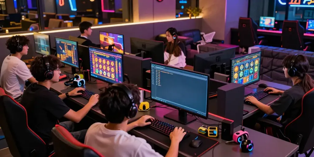 bro138 gaming lounge with players enjoying slot games and vibrant LED displays