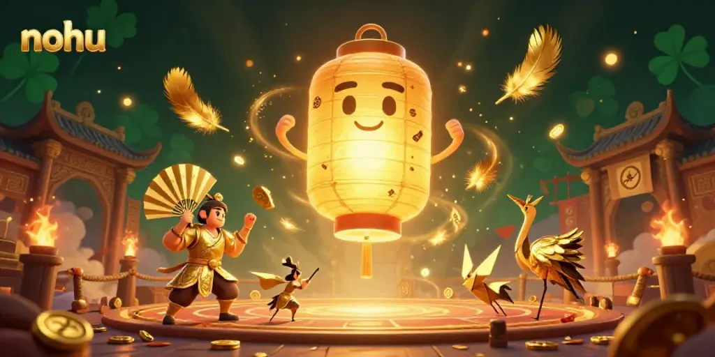 Explore the nohu-themed casino scene with a golden lantern spirit, vibrant warriors, and gold coins.