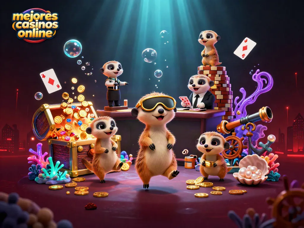 Visualiza los mejores casinos online en una ilustración vibrante con suricatos en acción.