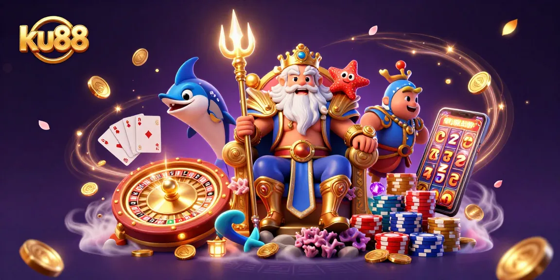 ku88 gamers are enticed by vibrant roulette and poker elements in this 3D casino scene.