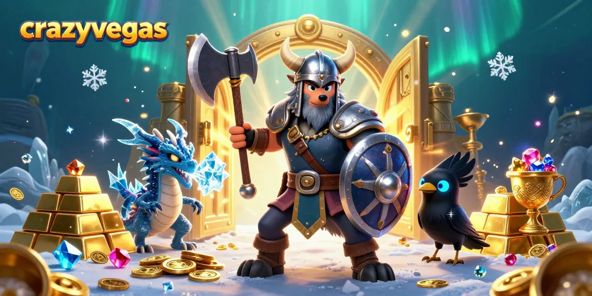 Engage with crazyvegas in this dynamic illustration featuring a Viking wolf warrior, fierce dragon, and treasures.