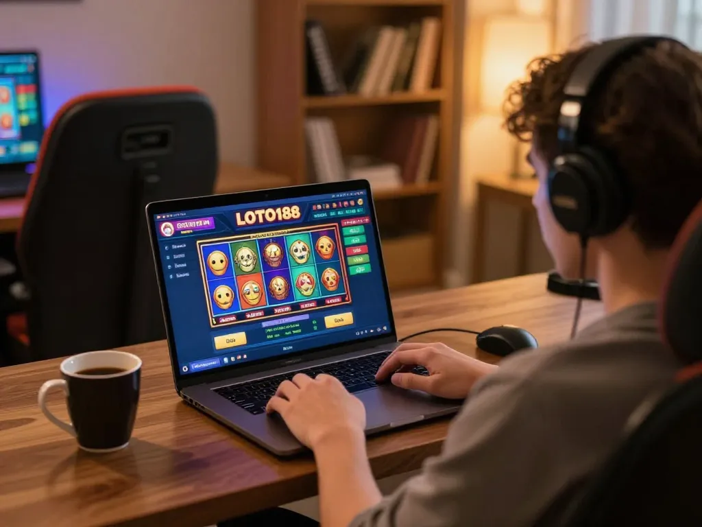 Engaging with LOTO188 LINK MỚI on a laptop, showcasing an online casino experience.
