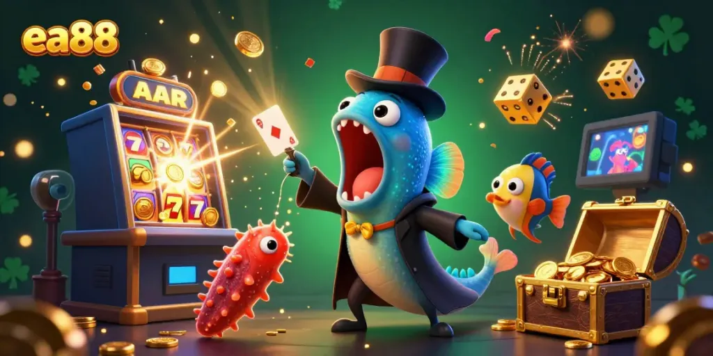 Experience the thrill of ea88 with vibrant casino magic featuring characters performing card tricks in an ocean of riches.
