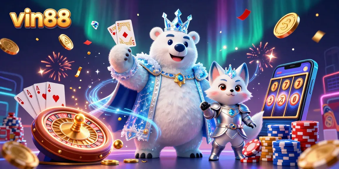 Experience thrilling gameplay with vin88's dynamic 3D ice king and snow fox in this lively casino scene.