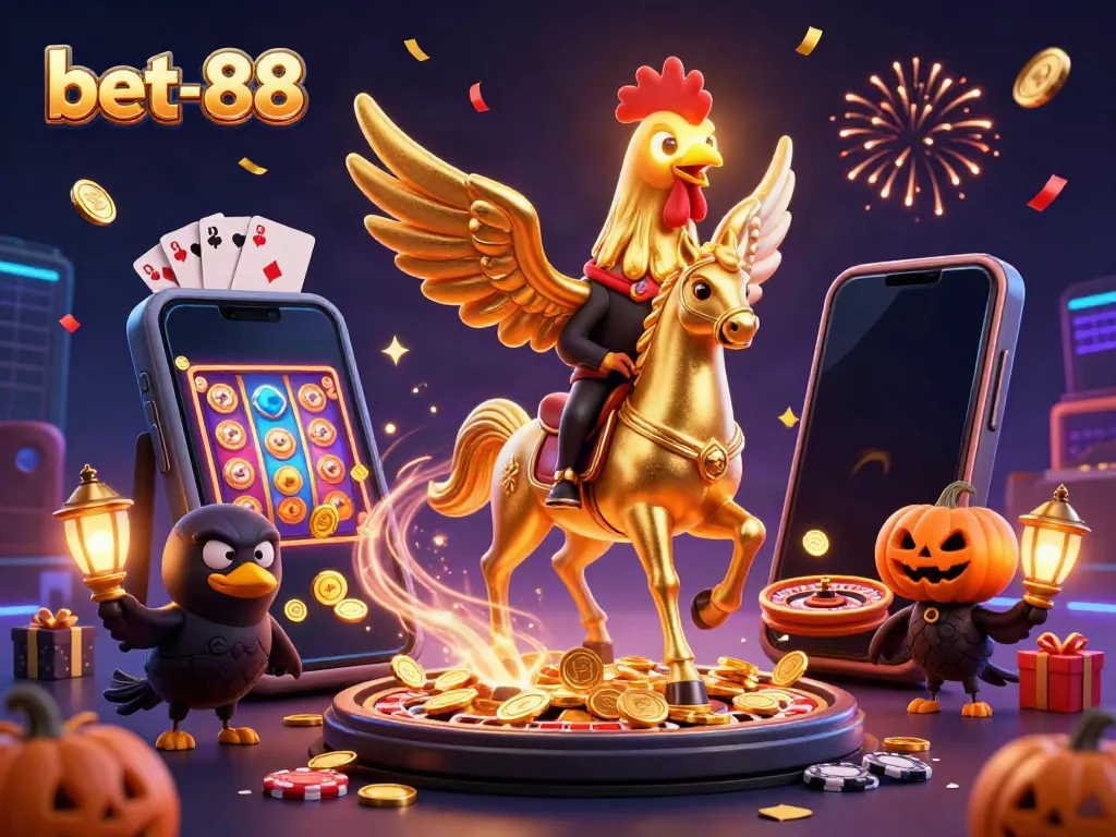 Experience thrilling gaming at bet-88 with a stunning 3D casino scene showcasing excitement and rewarding elements.