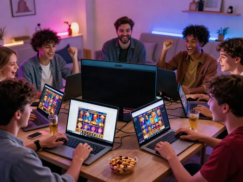 Group of friends enjoying slot games at DA88 online gaming platform.
