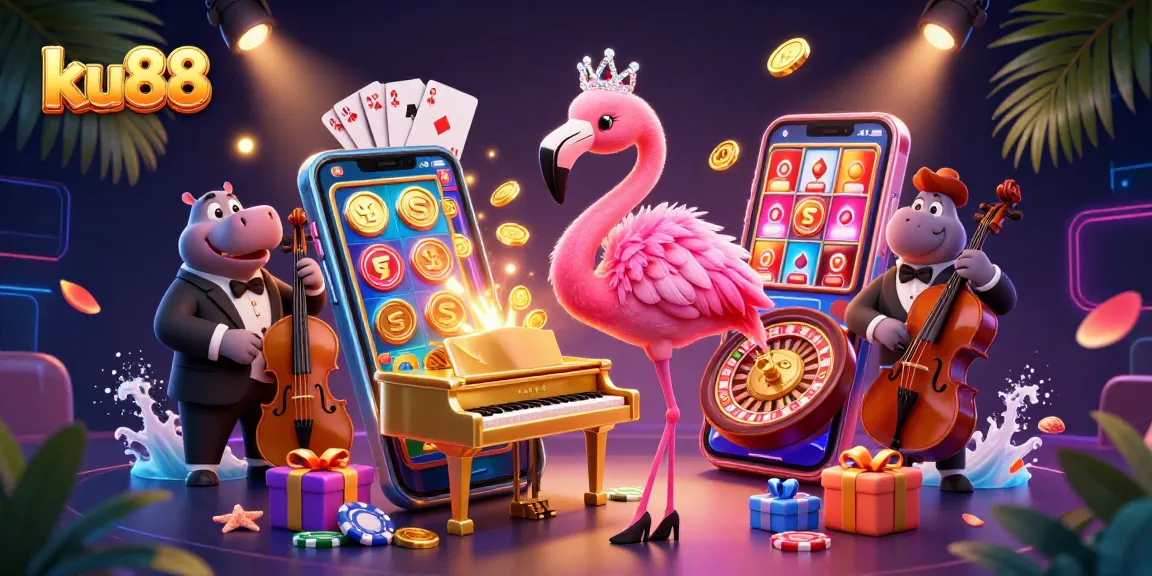Engage with ku88's vibrant casino scene featuring a flamingo singer and hippo bassist.