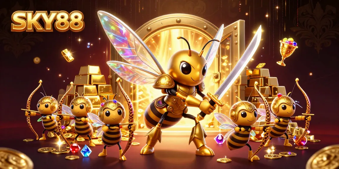 Engage in exciting gameplay at SKY88, showcasing a vibrant 3D illustration of a golden hornet and treasures.