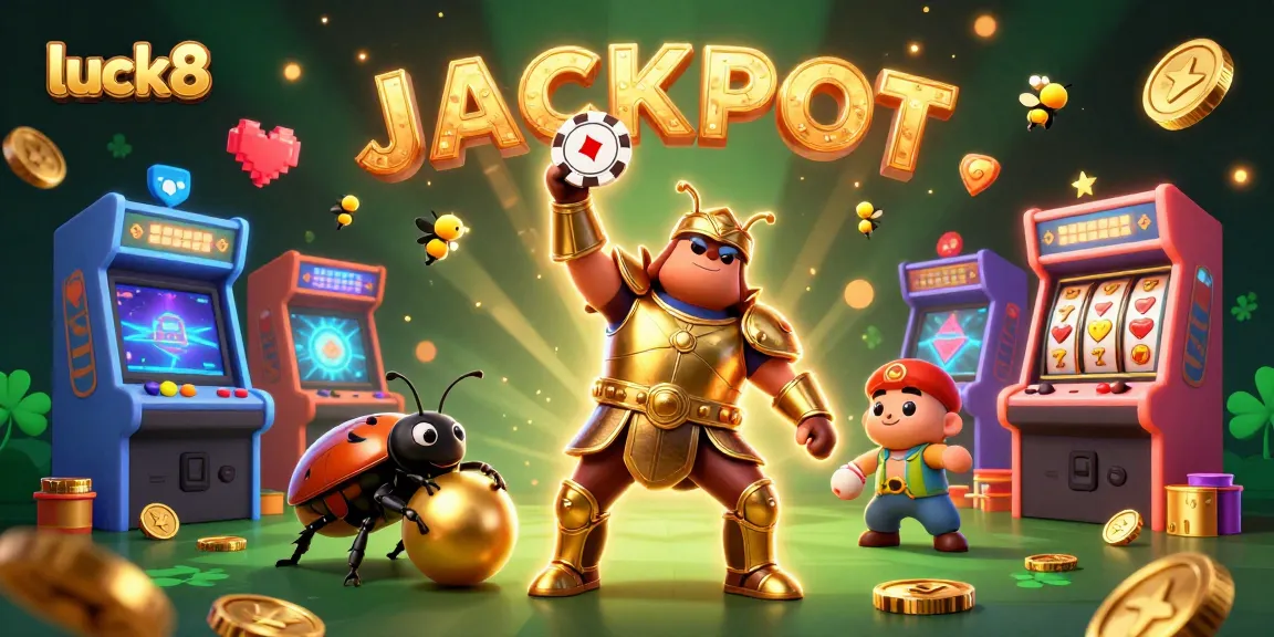 Luck8's victorious beetle character triumphantly displaying a poker chip amidst vibrant casino elements.
