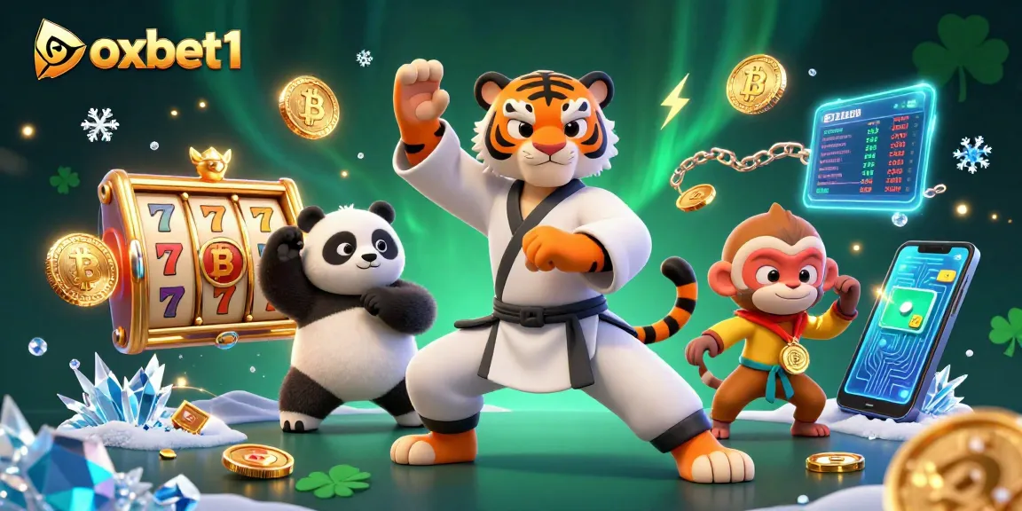Play and win at oxbet1 with a dynamic 3D scene featuring a kung fu tiger, panda, and monkey amidst vibrant casino elements.